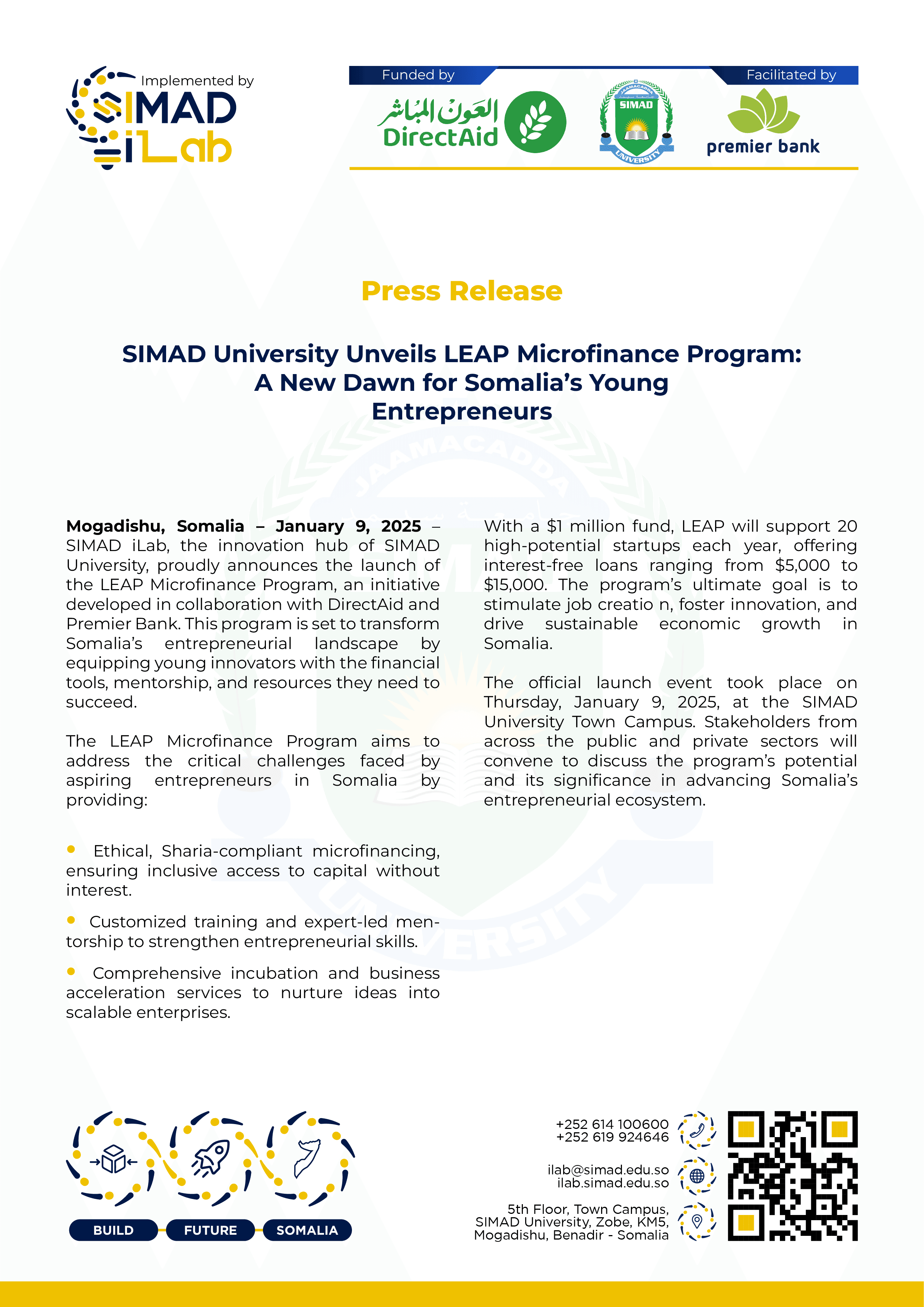 Press Release: SIMAD University Unveils LEAP Microfinance Program: A New Dawn for Somalia’s Young Entrepreneurs